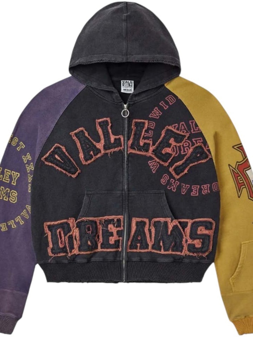 Vintage-Inspired Black Colorblock Zip-Up Hoodie with Purple & Mustard Sleeves